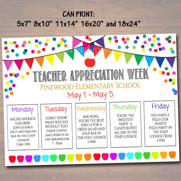 Teacher & Staff Appreciation Week Itinerary Poster Printable TidyLady