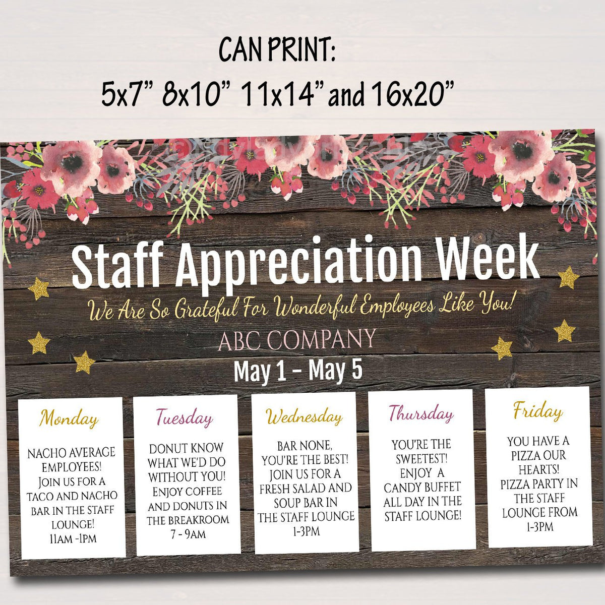 Staff Appreciation Week Itinerary Tidylady Printables 