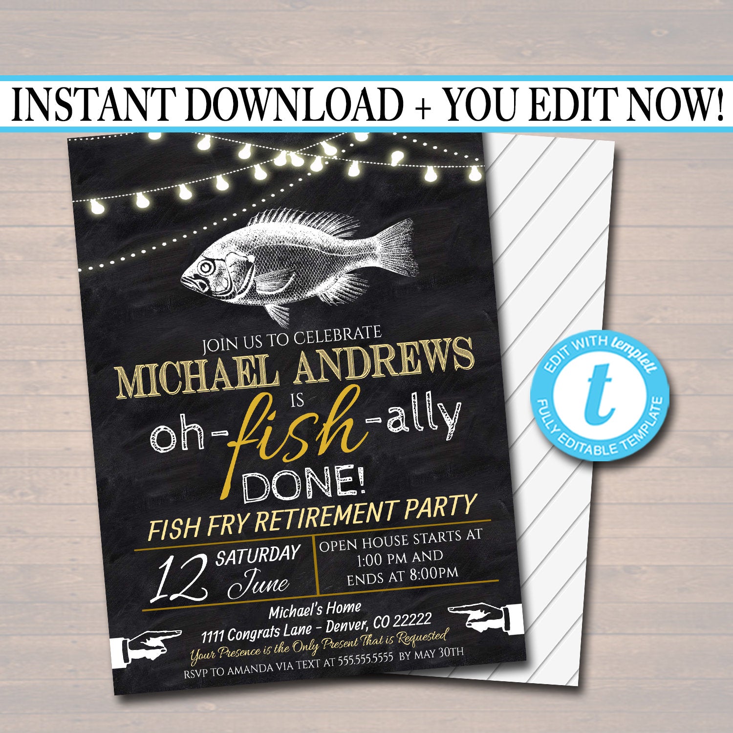 Rustic Fishing Theme Retirement Invitation Print, Text or Email Invite 