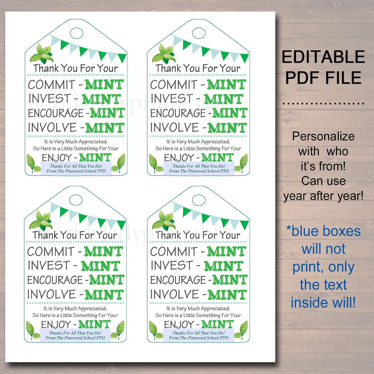 Printable Thank You Tags, Volunteer Mint Labels, Printable, INSTANT