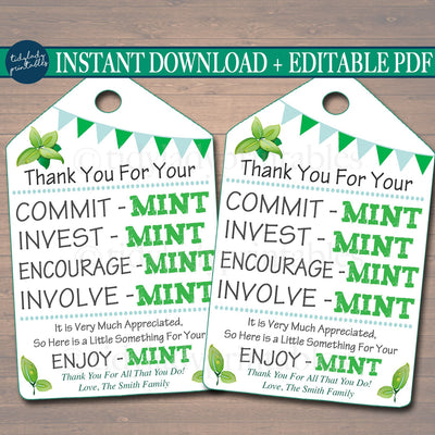 Printable Thank You Mint Appreciation Gift Tags, TidyLady Printables