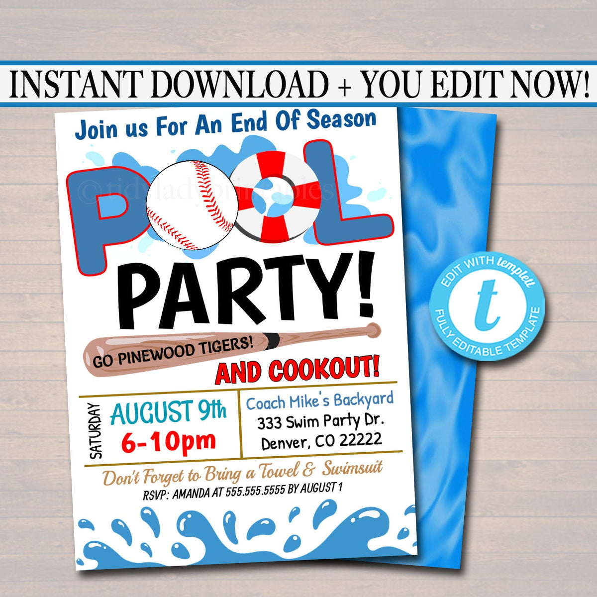 EDITABLE Summer Pool Baseball Party Invitation, Printable ...