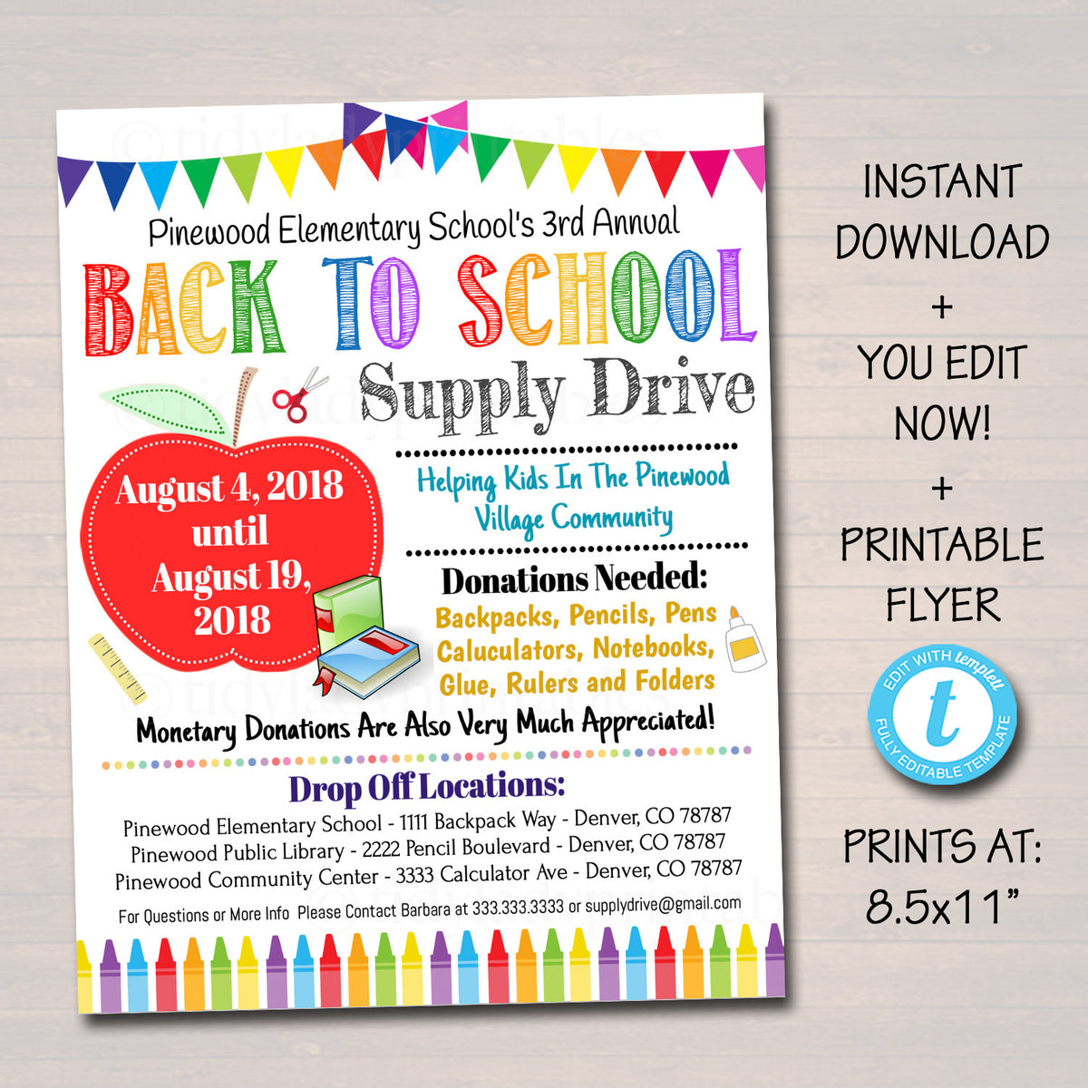 School Supply Drive Event Flyer | TidyLady Printables