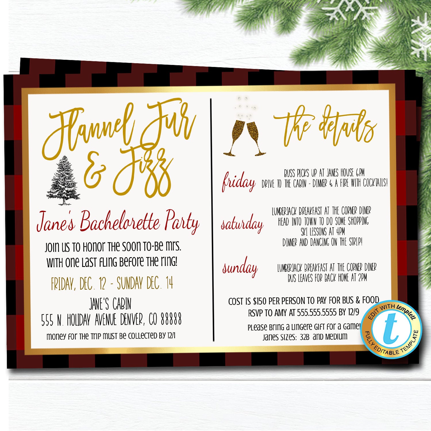 Flannel Fur And Fizz Bachelorette Weekend Itinerary Tidylady Printables