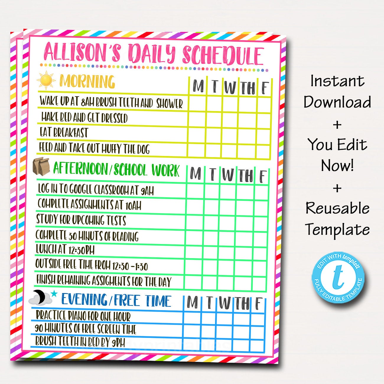 Printable Homeschool Schedule - Homework Organizer Template