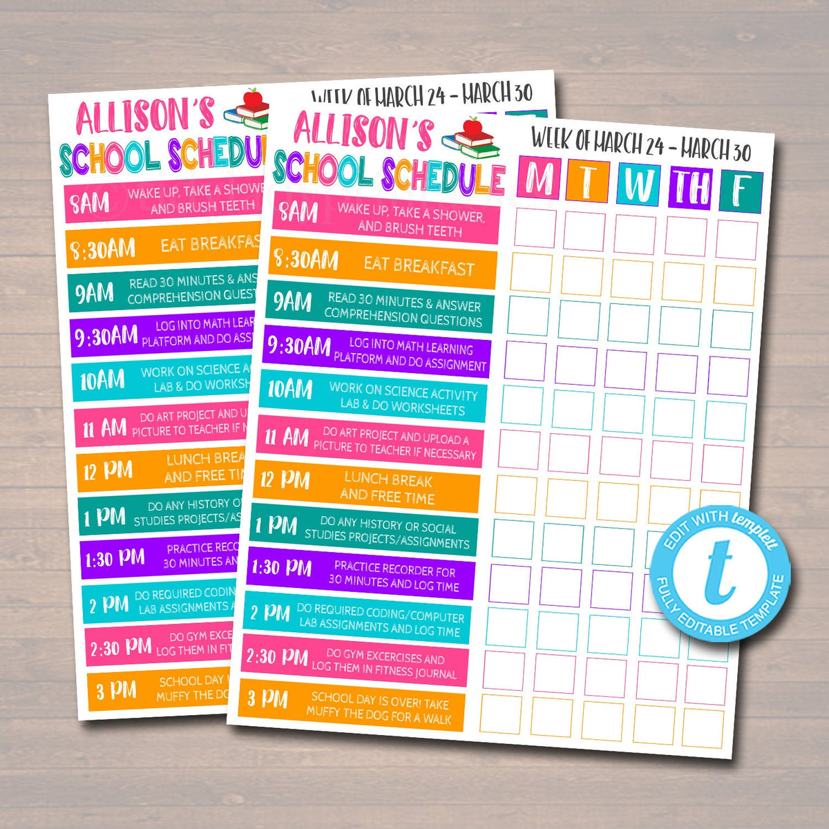 homeschool daily schedule template editable