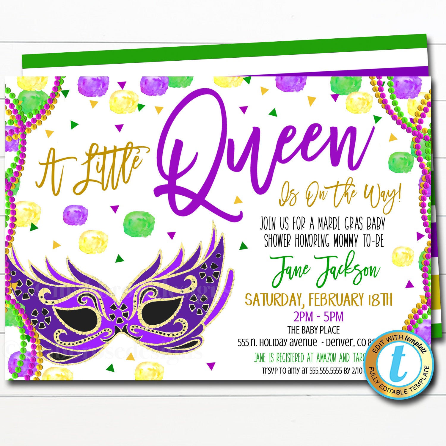 Mardi Gras Girl Baby Shower Invitation