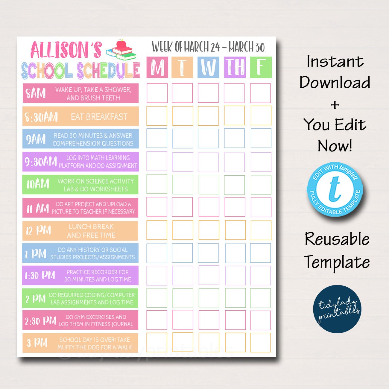 Homework Organizer Kids Student Calendar Planner Template