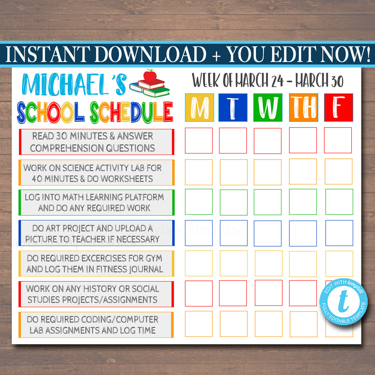 daily schedule template printable free kids