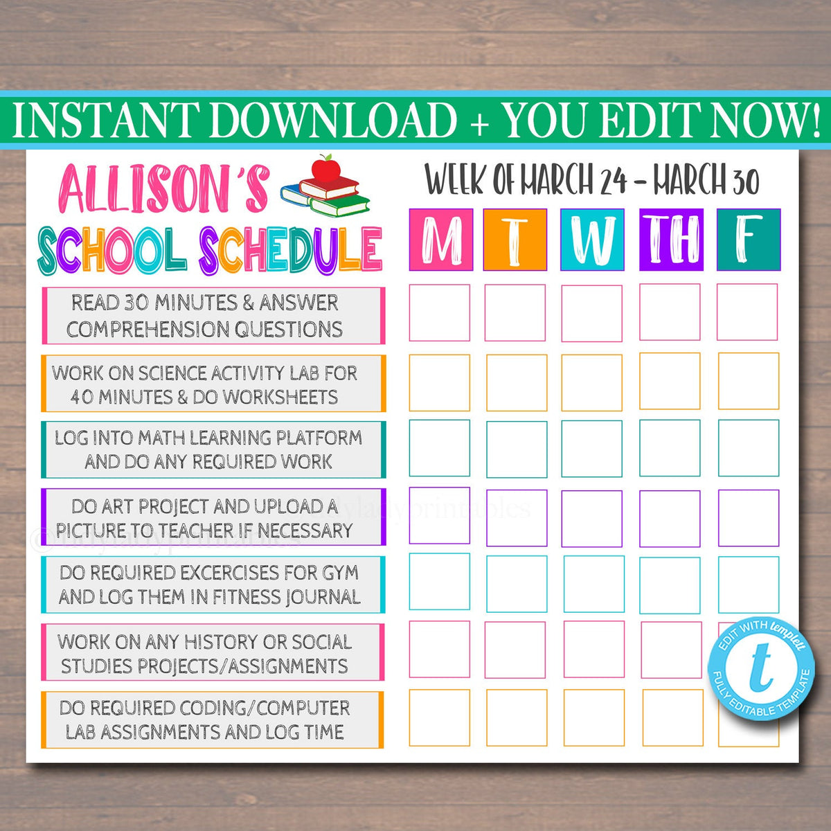 daily homework checklist template