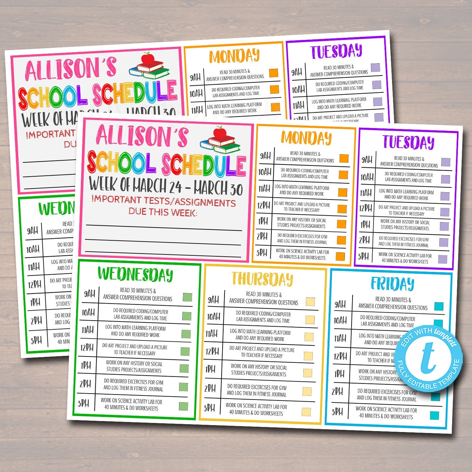 Homework Organizer Kids Student Calendar Planner Printable