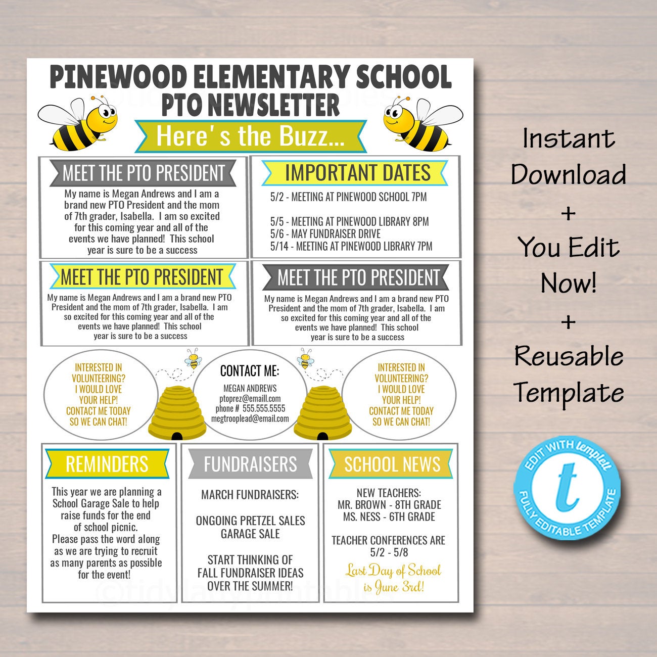 School Pto Pta Newsletter Bee Theme Flyer Editable Template Tidylady Printables
