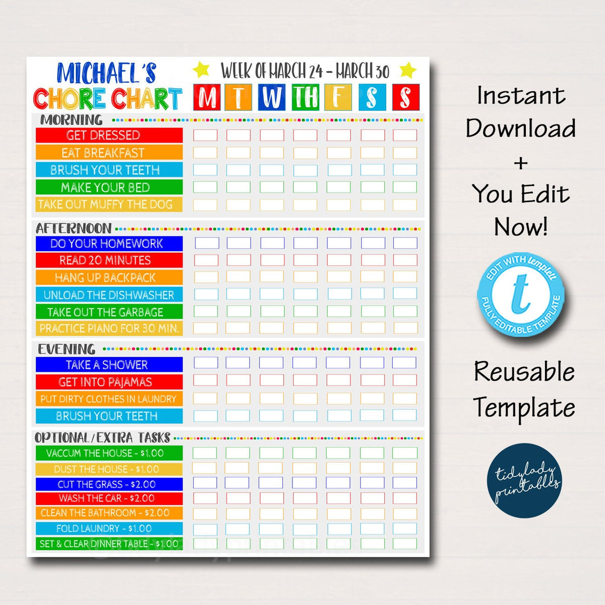 kids chore chart checklist template tidylady printables