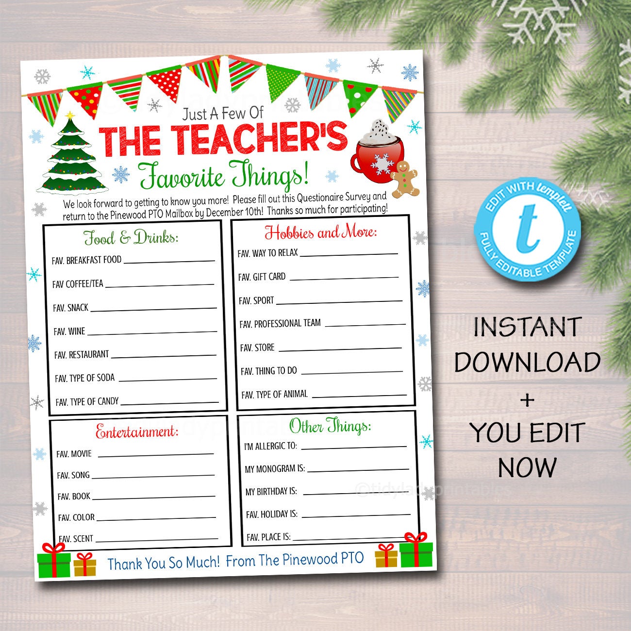 Christmas Teacher Favorites Survey, Teacher Holiday Wish List, Gift