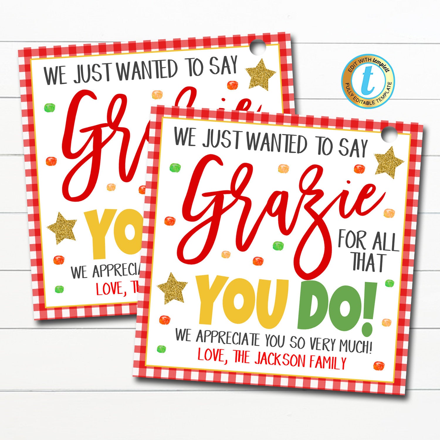 Grazie Gift Tags  Grateful For You, Italian Appreciation