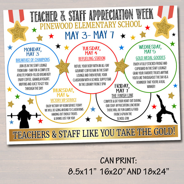 Gold Medal Theme Teacher Appreciation Week Itinerary Poster TidyLady