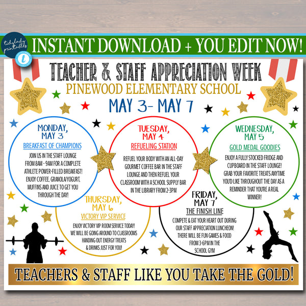 Gold Medal Theme Teacher Appreciation Week Itinerary Poster TidyLady