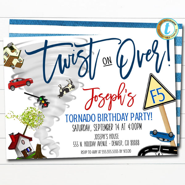 Tornado Birthday Party Invitation, Twist on Over Twister Birthday Invite, Storm Category F5 Fifth Birthday Kids Party DIY Printable Template