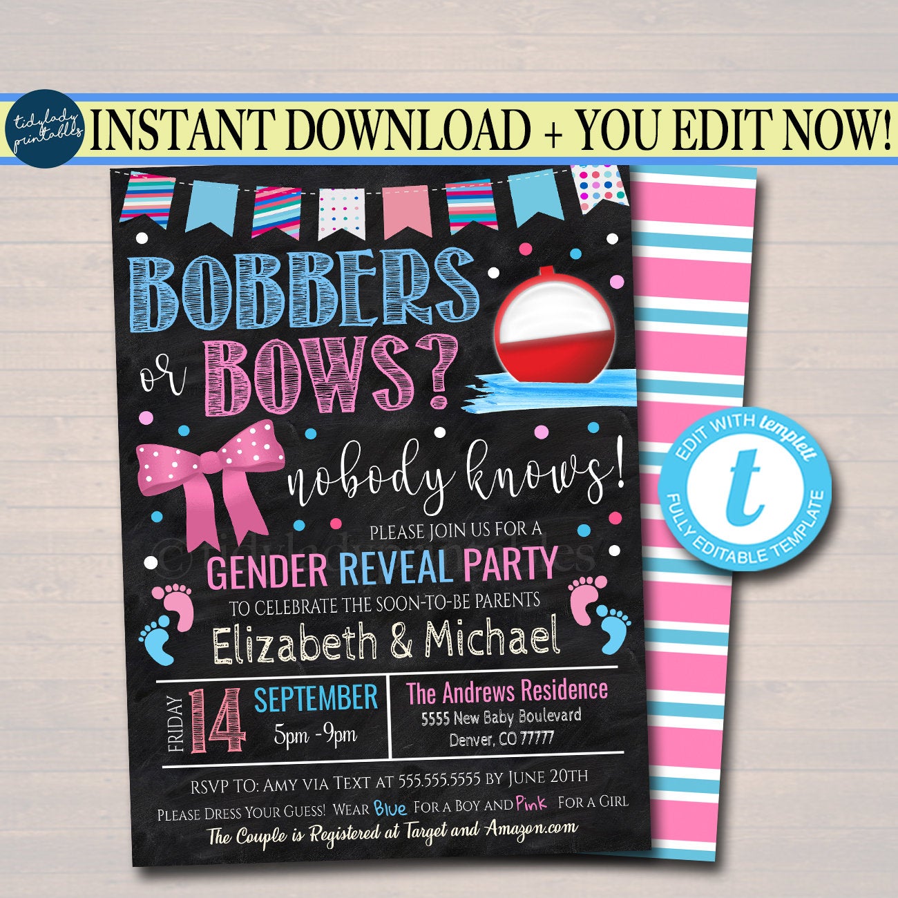 Editable Bobbers or Bows Gender Reveal Invitation Invite Digital 5x7 Pink  Blue Fishing She He -  Australia