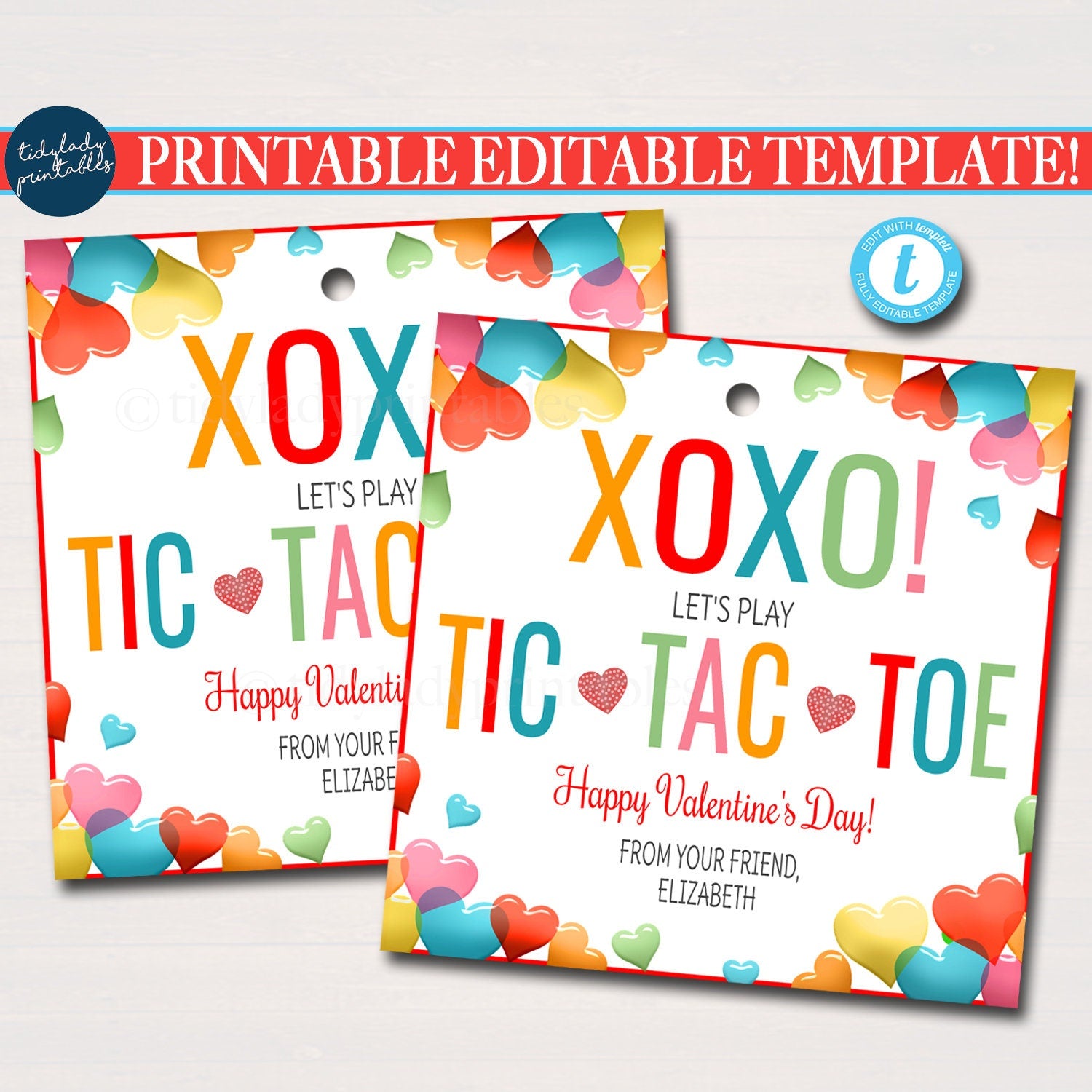 FREE Editable No Print Tic Tac Toe Template - Valentines Themed