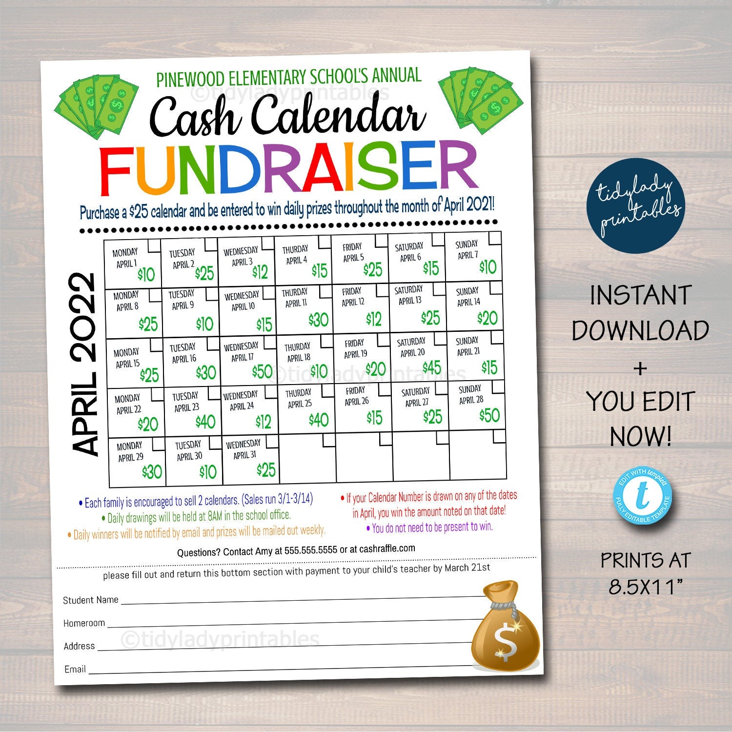 Cash Calendar Fundraiser Flyer, Printable Handout Take Home Fundraiser