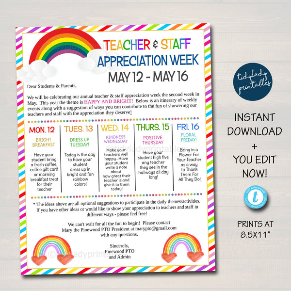 Editable Rainbow Theme Teacher Appreciation Staff Invitation Newsletter, Printable Appreciation Week of Events, Take Home Flyer, TEMPLATE