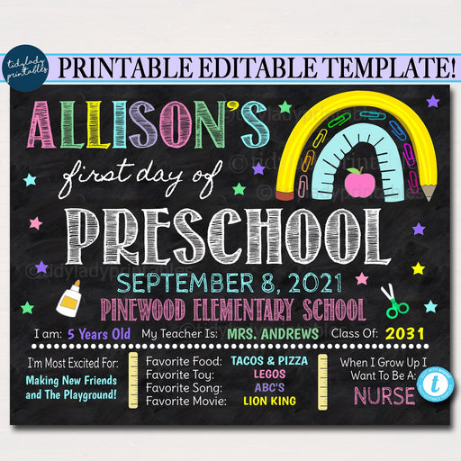 Printable First Day of School Sign First Day of Preschool Chalkboard Sign –  Happy Barn