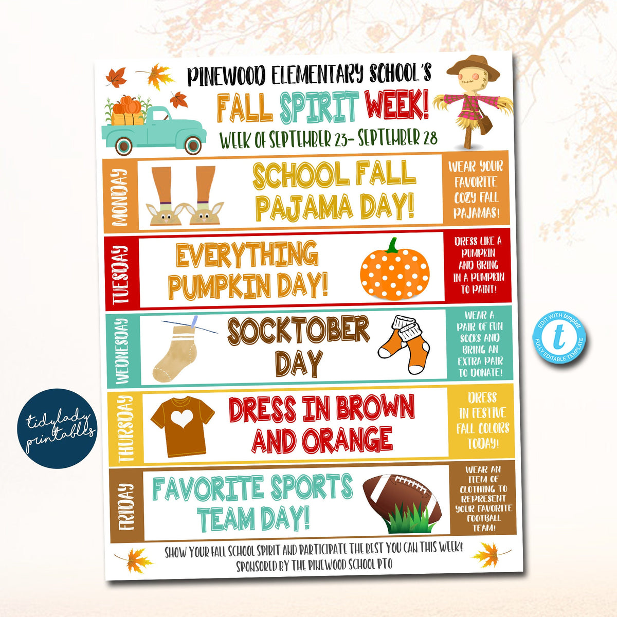 Fall School Spirit Week Itinerary Schedule Editable Template