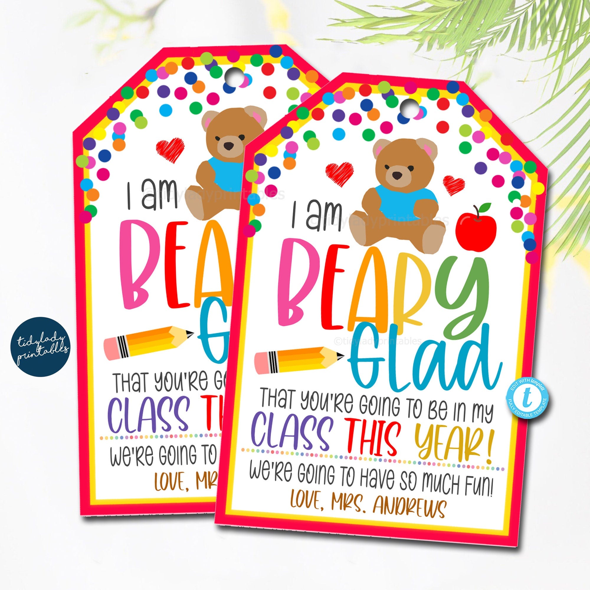 I'M Beary Glad You'Re In My Class | Student Welcome Gift Tag — Tidylady  Printables