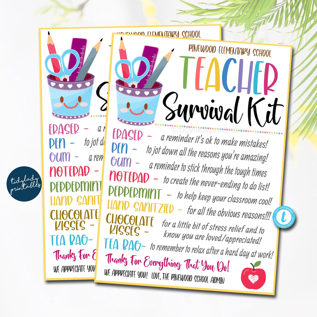 Teacher Survival Kit Printable Back to School Teacher Gift TidyLady