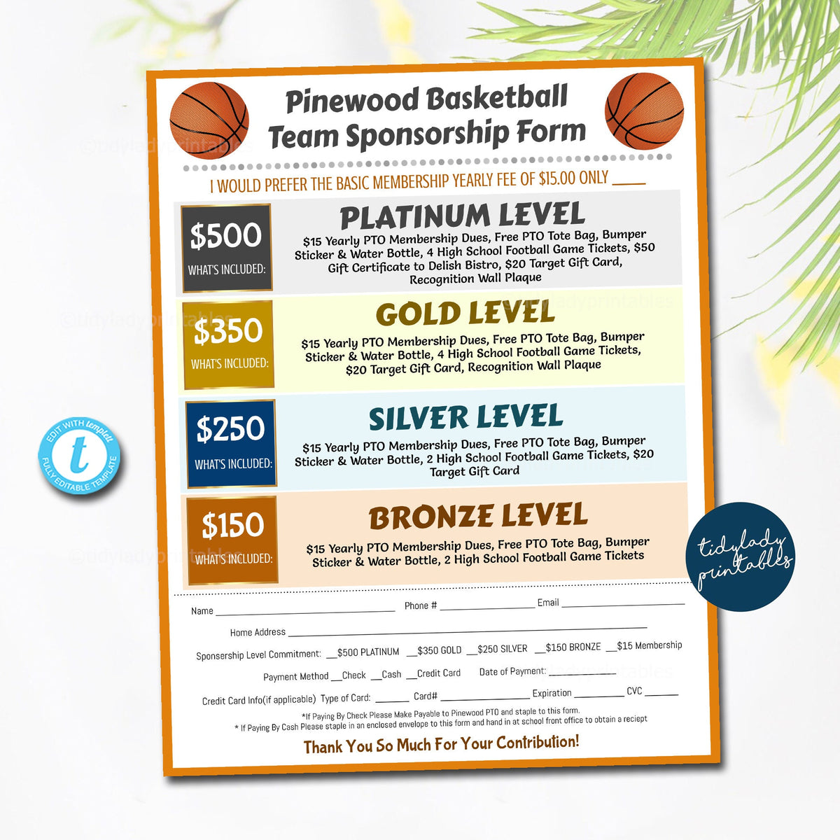 Basketball Sponsorship Form Membership Donation Signup — TidyLady
