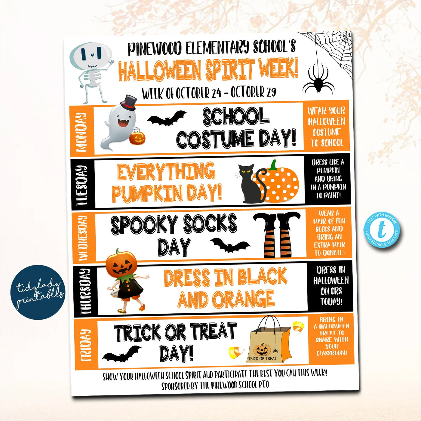 Halloween School Spirit Week Itinerary Schedule Template — TidyLady