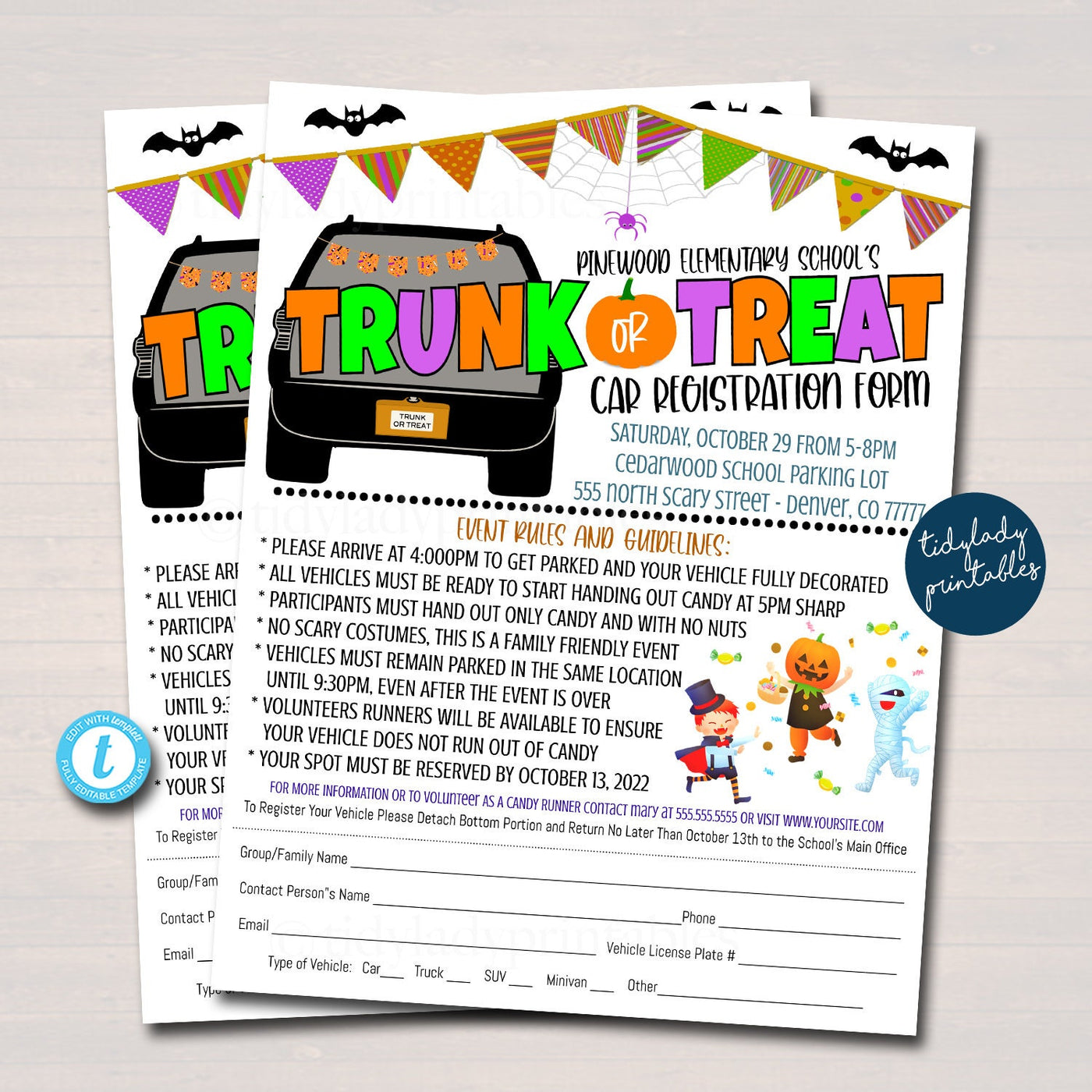 Trunk or Treat Car Registration Form Printable Halloween Flyer