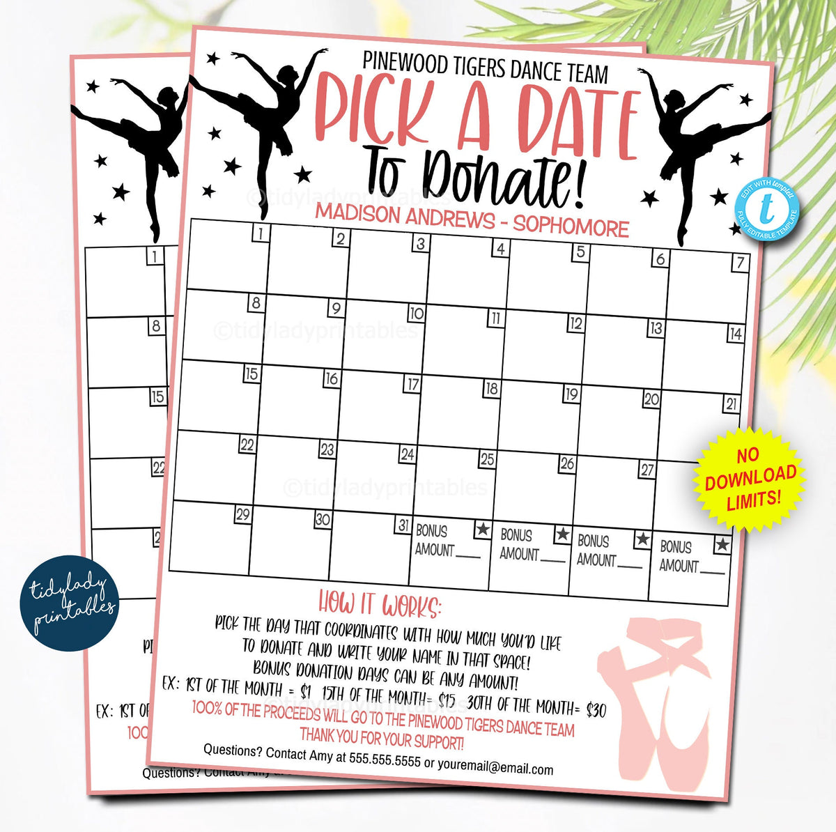 Dance Pick a Date to Donate Printable Girls Dance Fundraiser