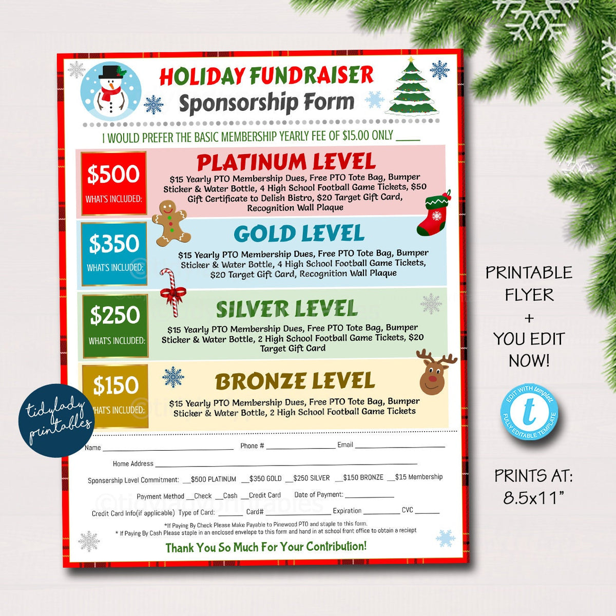 Holiday Fundraiser Sponsorship Form Editable Template — TidyLady Printables