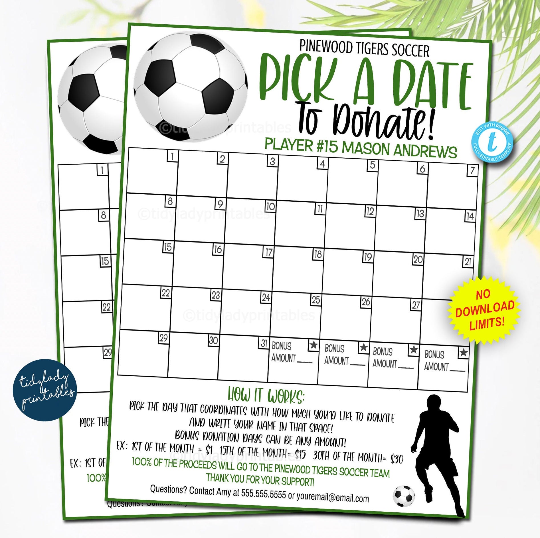 Soccer Pick a Date to Donate Printable Fundraiser Calander — TidyLady