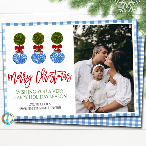 Holiday Photo Card Template, Christmas Preppy Blue and White