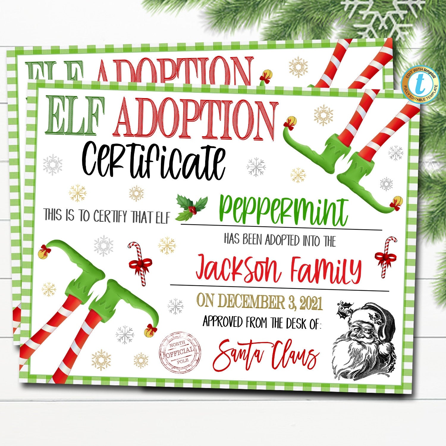 Printable Elf Adoption Certificate Editable, First Year Christmas