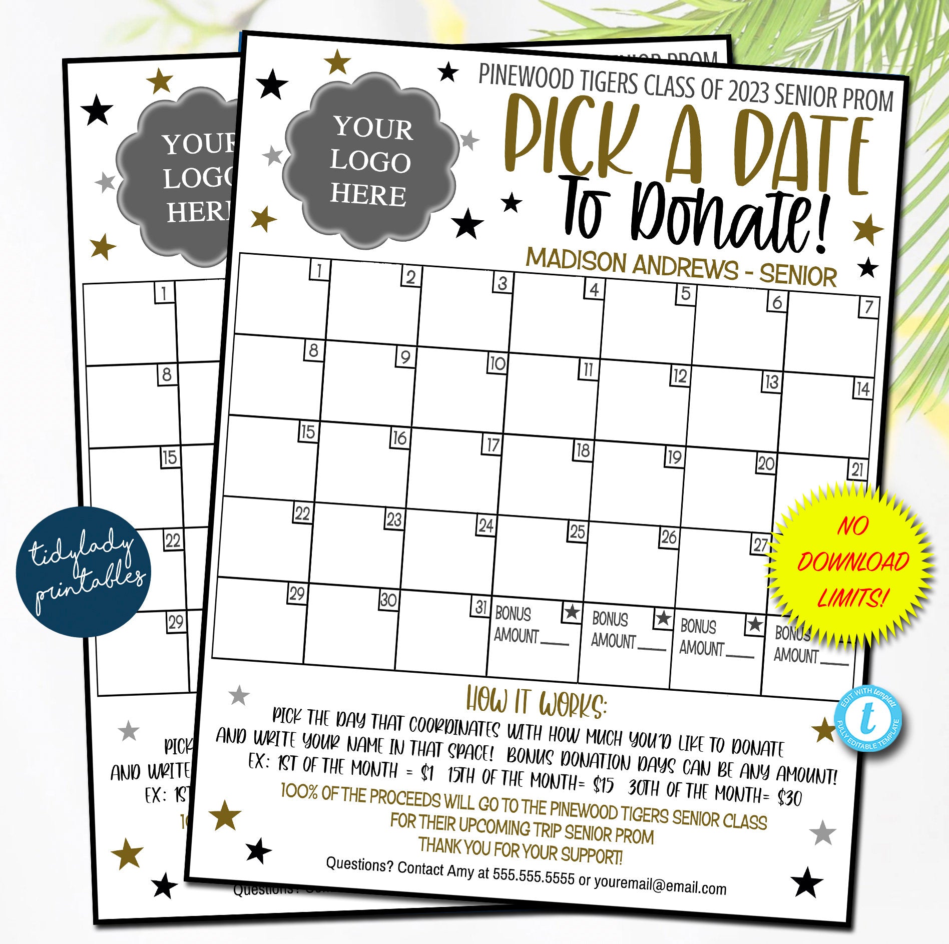 EDITABLE Cheer Template Pick a Date Fundraiser Calendar Sponsor a