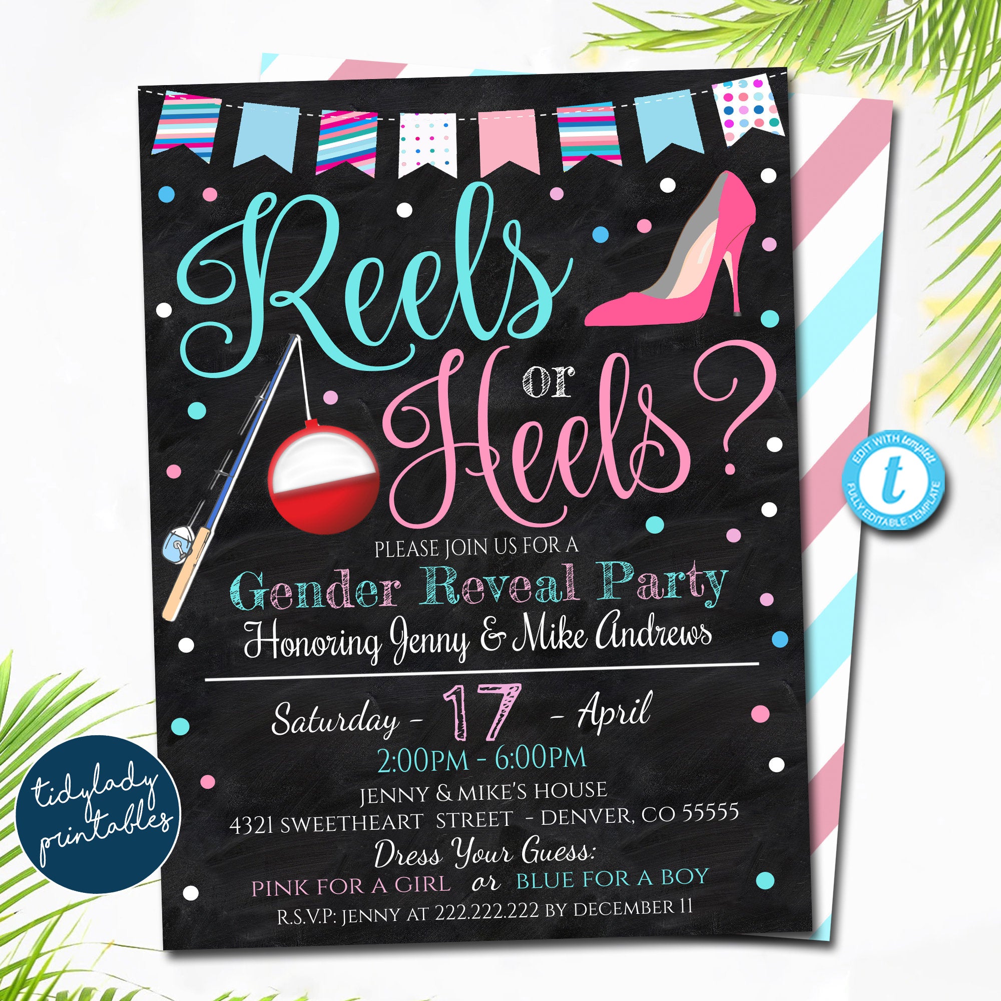 Reels or Heels Gender Reveal Invitation, Team Blue or Team Pink, He or She  Suprise, Fishing Theme Coed Couples Shower, EDITABLE TEMPLATE