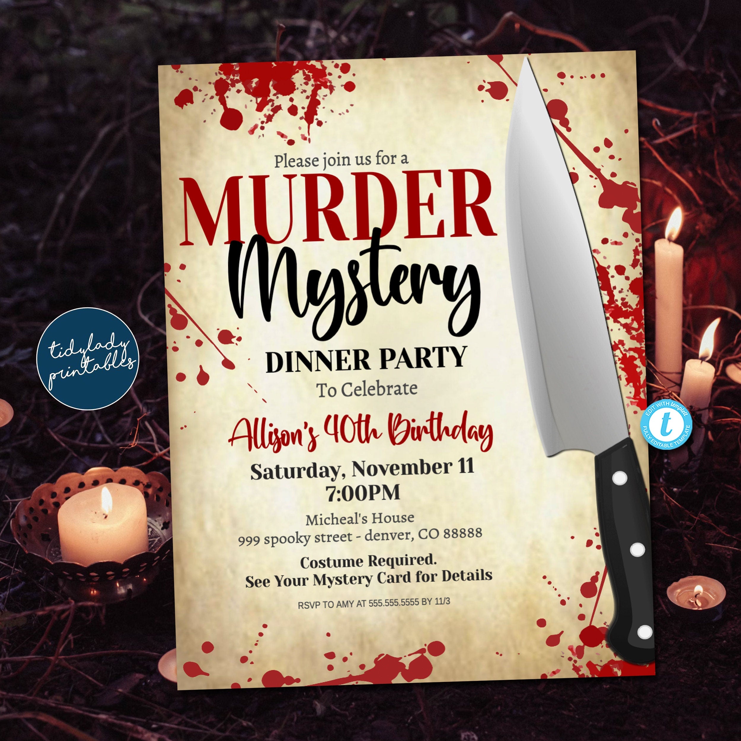 1920s Murder Mystery Dinner Invitation Party Birthday Invite 