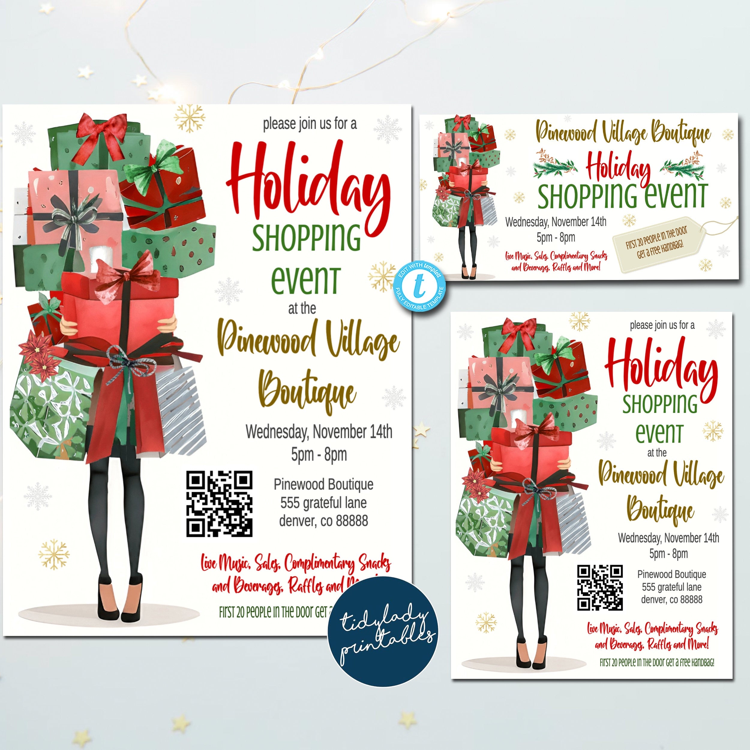 Christmas Shopping Set, Holiday Pop up Shop Boutique Show Flyer Invite