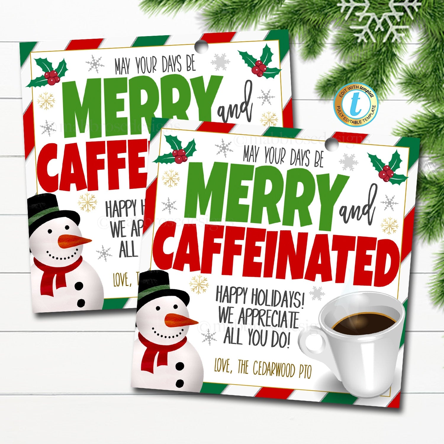 Christmas Coffee Gift Tag Printable Teacher Christmas Gift Tag Staff  Holiday Gift Nurse Christmas Gift Merry & Caffeinated 