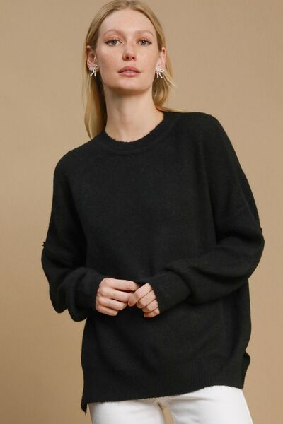 Umgee Full Size Side Slit Wool Blend Round Neck Sweater Plus Size