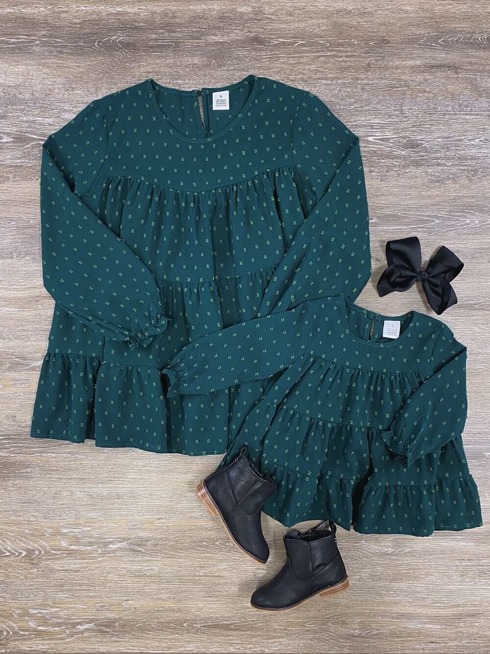 Mom and Me - Dark Green Velvet Ruffle Shoulder Dress