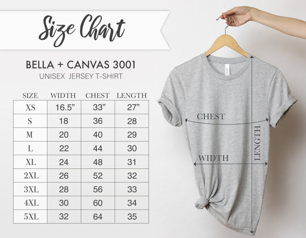 size chart bella + canvas unisex t-shirt