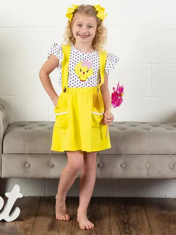 yellow chick suspender skirt on model for Easter