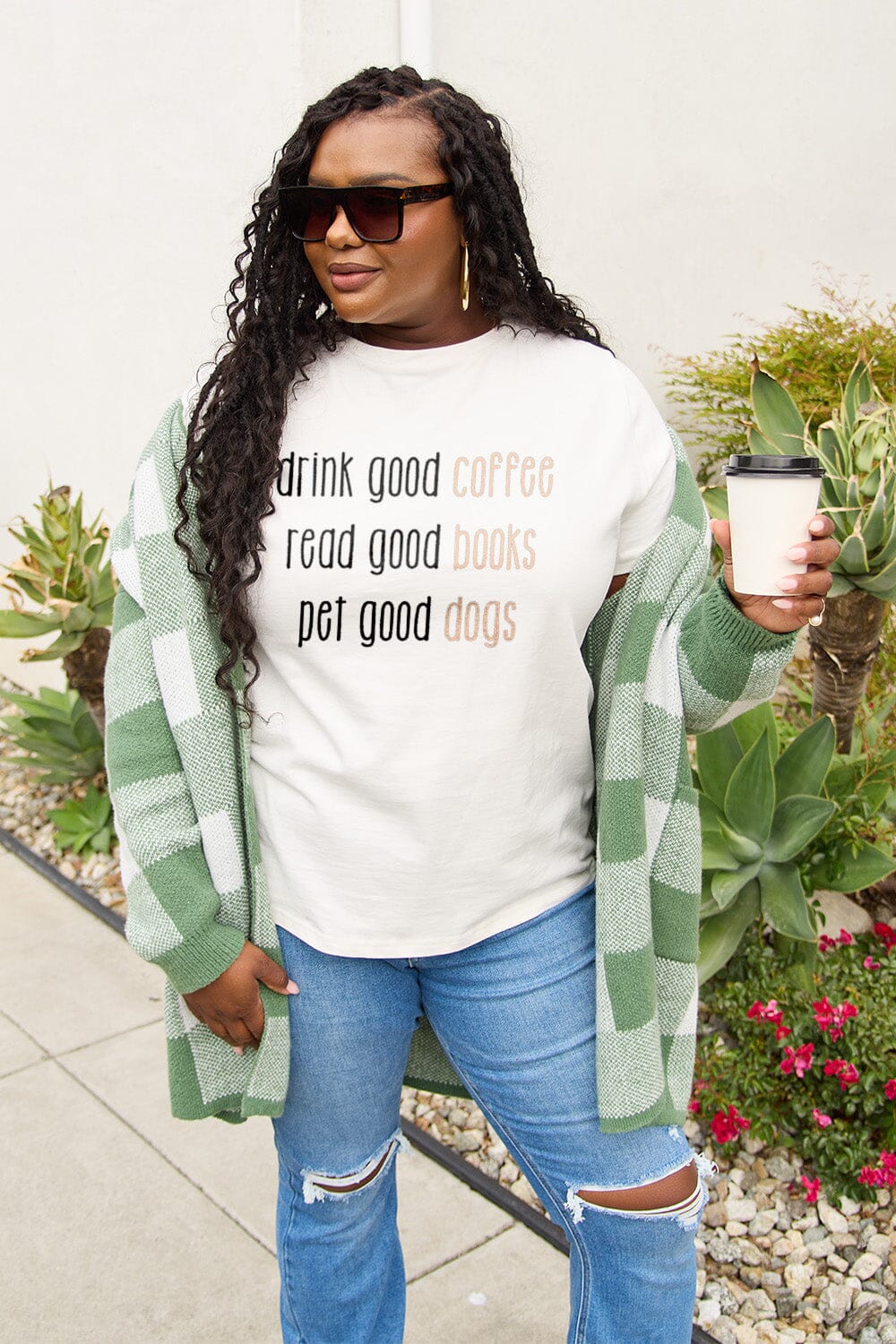 Good Coffee Books & Dogs Graphic Round Neck T-Shirt