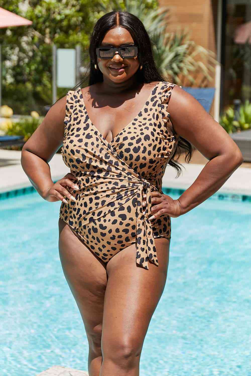 Float On Ruffle Faux Wrap Women's One-Piece Swimsuit in Leopard