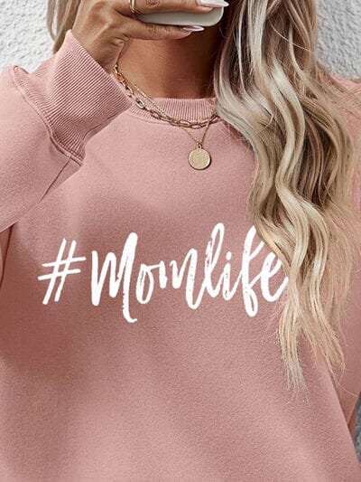 Letter Graphic #Momlife Round Neck Sweatshirt